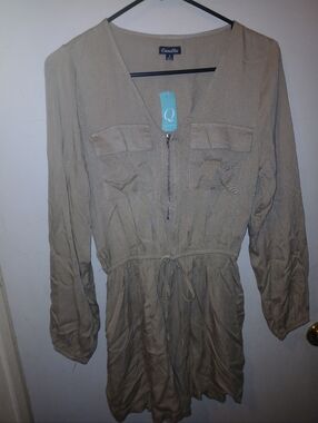 Camel/Taupe Drawstring V-Neck Romper Short with Front Zip
